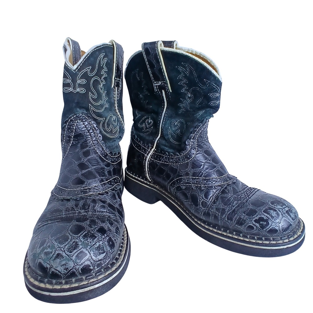 Ariat Girls Size 2Y Black Croc Print Leather Cowboy Boots Western Cowgirl Riding